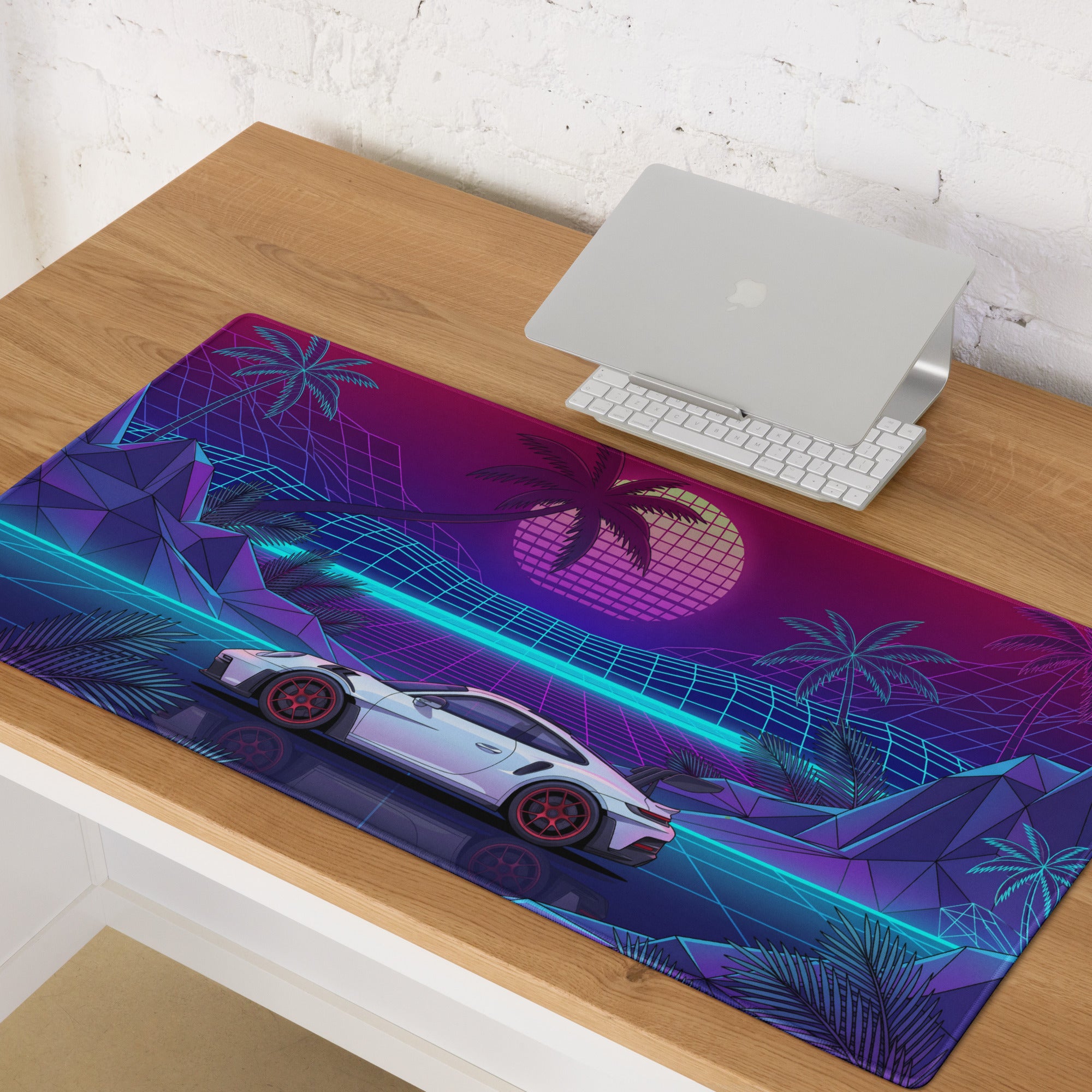 Porsche 911 GT3 RS Inspired White Pink Vaporwave Gaming Mouse Pad – Neon Tropical Grid Desk Mat, Retro Futuristic Supercar Digital Artwork