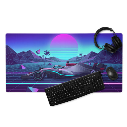 Mercedes-AMG F1 W14 Inspired Black Teal Vaporwave Gaming Mouse Pad – Neon Retro Grid Desk Mat, Futuristic Formula Racing Digital Artwork