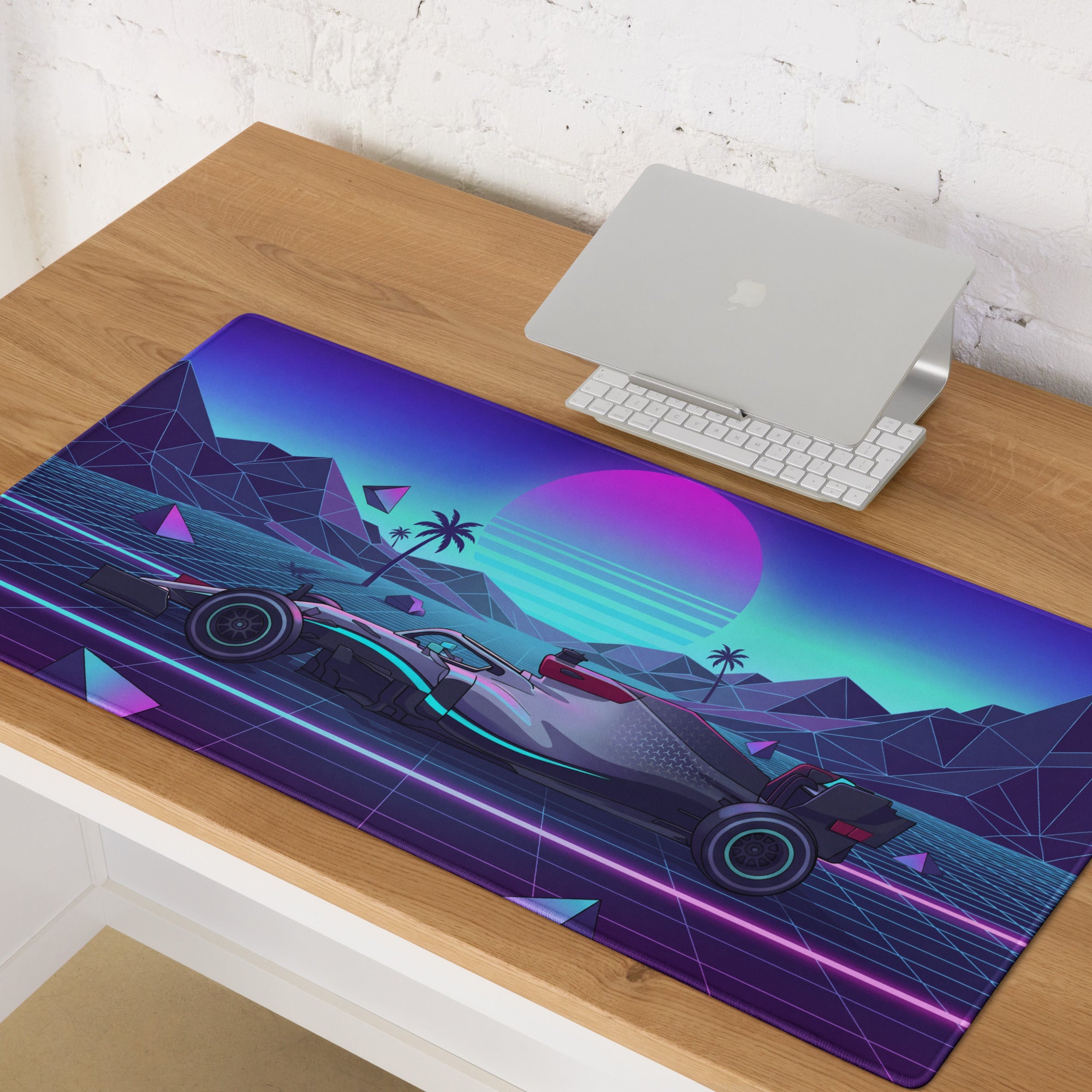 Mercedes-AMG F1 W14 Inspired Black Teal Vaporwave Gaming Mouse Pad – Neon Retro Grid Desk Mat, Futuristic Formula Racing Digital Artwork