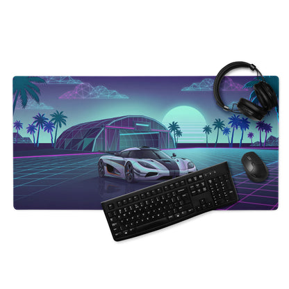 Koenigsegg One:1 Inspired Silver Cyan Vaporwave Gaming Mouse Pad – Neon Sunset Grid Desk Mat, Retro Futuristic Hypercar Digital Artwork
