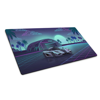 Koenigsegg One:1 Inspired Silver Cyan Vaporwave Gaming Mouse Pad – Neon Sunset Grid Desk Mat, Retro Futuristic Hypercar Digital Artwork