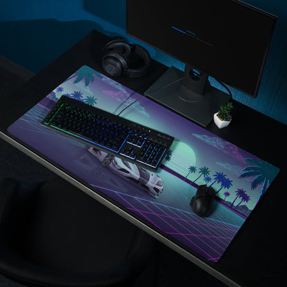Koenigsegg One:1 Inspired Silver Cyan Vaporwave Gaming Mouse Pad – Neon Sunset Grid Desk Mat, Retro Futuristic Hypercar Digital Artwork