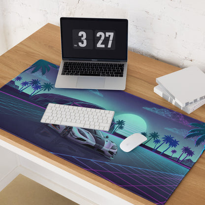 Koenigsegg One:1 Inspired Silver Cyan Vaporwave Gaming Mouse Pad – Neon Sunset Grid Desk Mat, Retro Futuristic Hypercar Digital Artwork