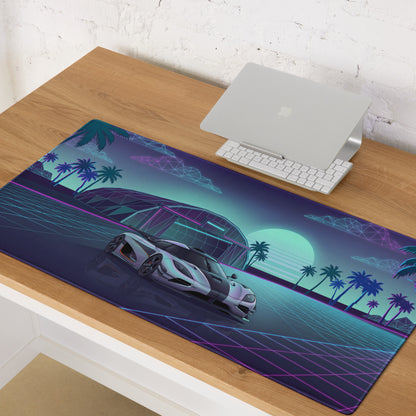 Koenigsegg One:1 Inspired Silver Cyan Vaporwave Gaming Mouse Pad – Neon Sunset Grid Desk Mat, Retro Futuristic Hypercar Digital Artwork