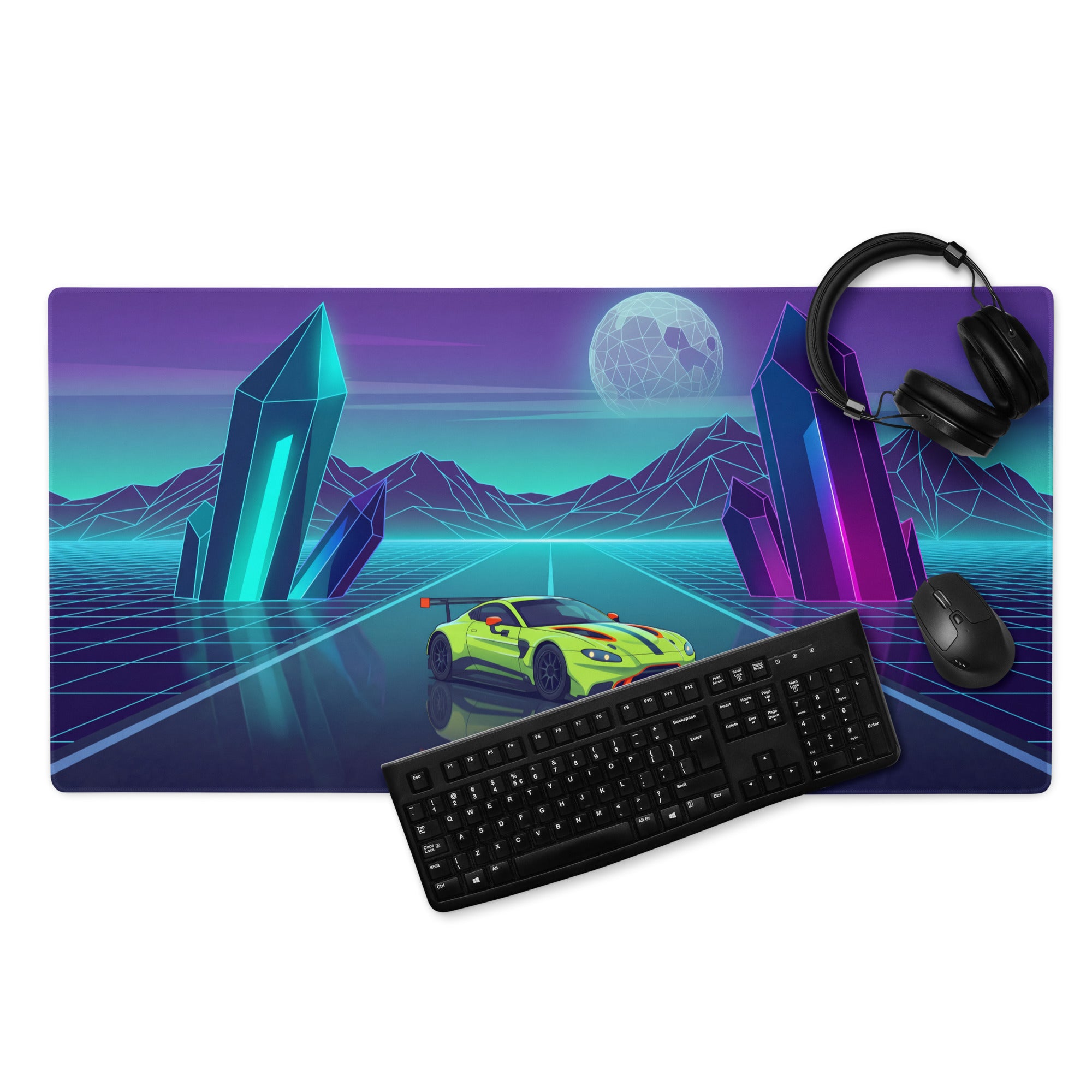 Aston Martin Vantage GT3 Inspired Lime Green Vaporwave Gaming Mouse Pad – Neon Crystal Highway Desk Mat, Retro Futuristic Racing Car Digital Art