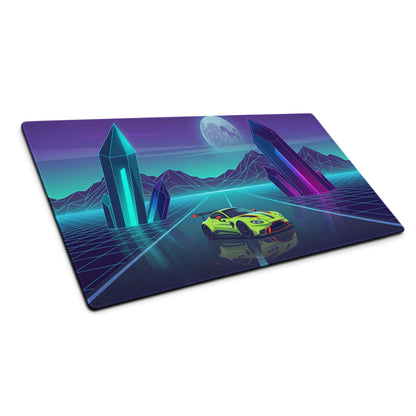 Aston Martin Vantage GT3 Inspired Lime Green Vaporwave Gaming Mouse Pad – Neon Crystal Highway Desk Mat, Retro Futuristic Racing Car Digital Art