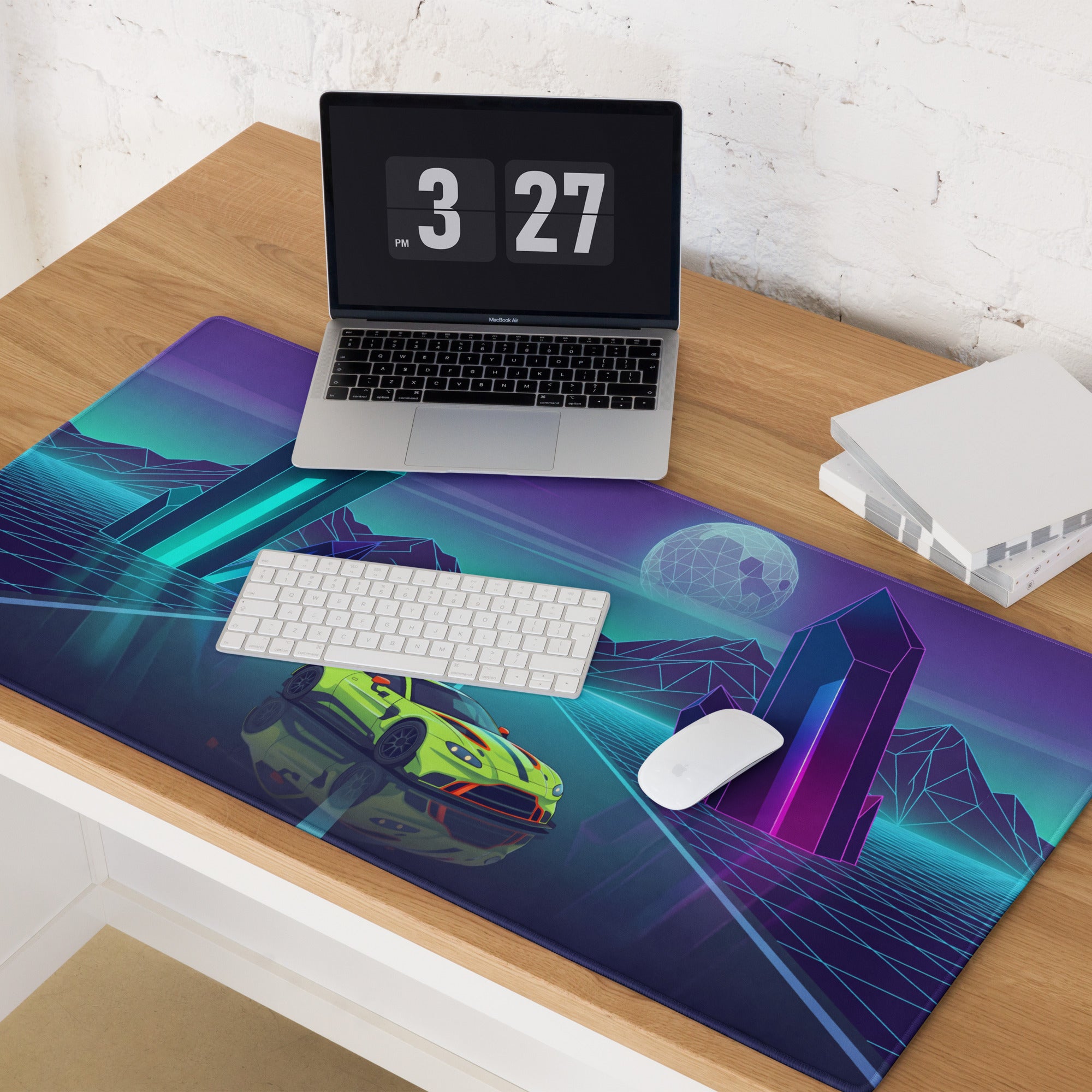 Aston Martin Vantage GT3 Inspired Lime Green Vaporwave Gaming Mouse Pad – Neon Crystal Highway Desk Mat, Retro Futuristic Racing Car Digital Art