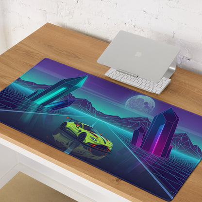 Aston Martin Vantage GT3 Inspired Lime Green Vaporwave Gaming Mouse Pad – Neon Crystal Highway Desk Mat, Retro Futuristic Racing Car Digital Art