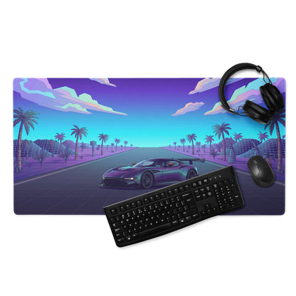Aston Martin Vulcan Inspired Purple Cyan Vaporwave Gaming Mouse Pad – Neon Desert Highway Desk Mat, Retro Futuristic Hypercar Digital Artwork