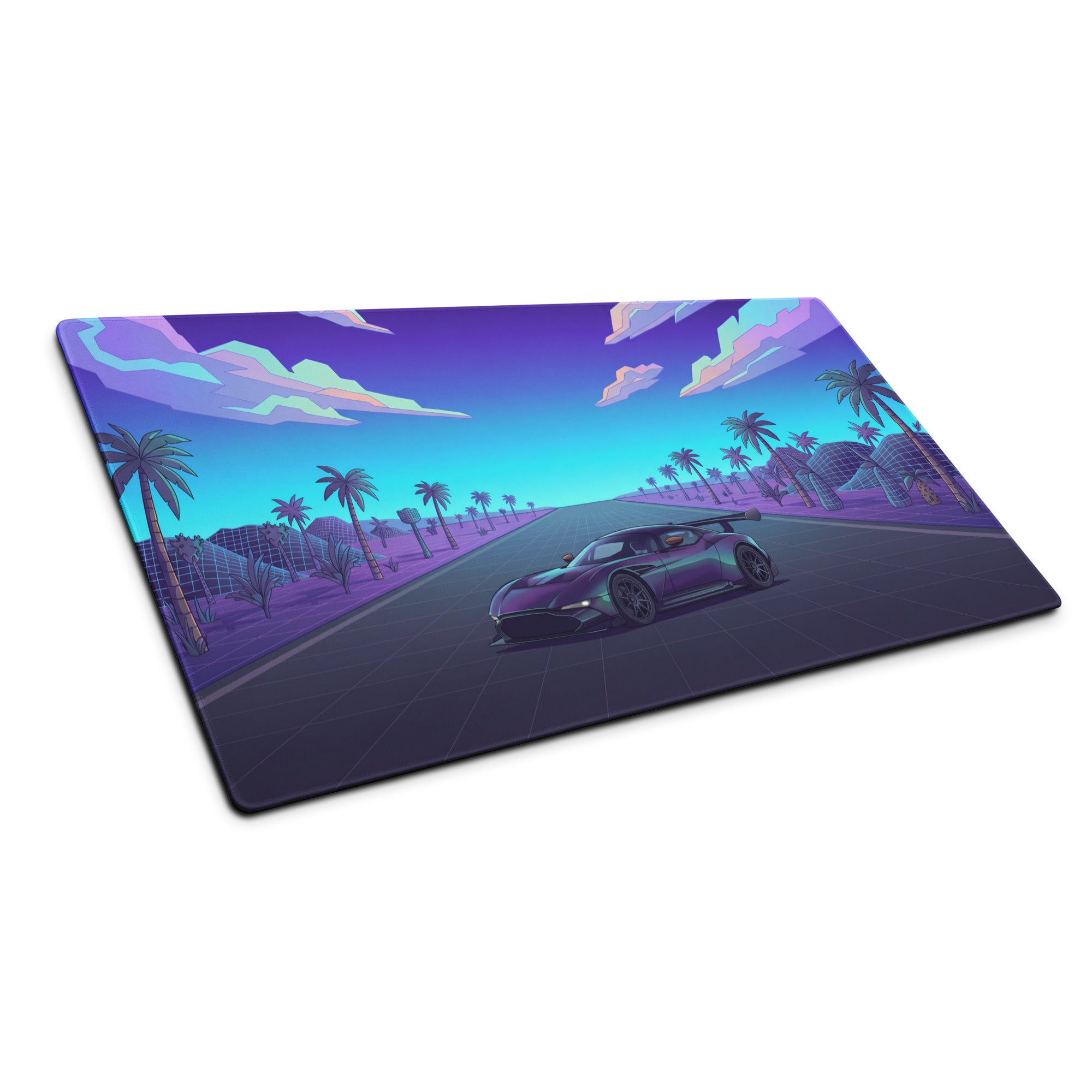 Aston Martin Vulcan Inspired Purple Cyan Vaporwave Gaming Mouse Pad – Neon Desert Highway Desk Mat, Retro Futuristic Hypercar Digital Artwork