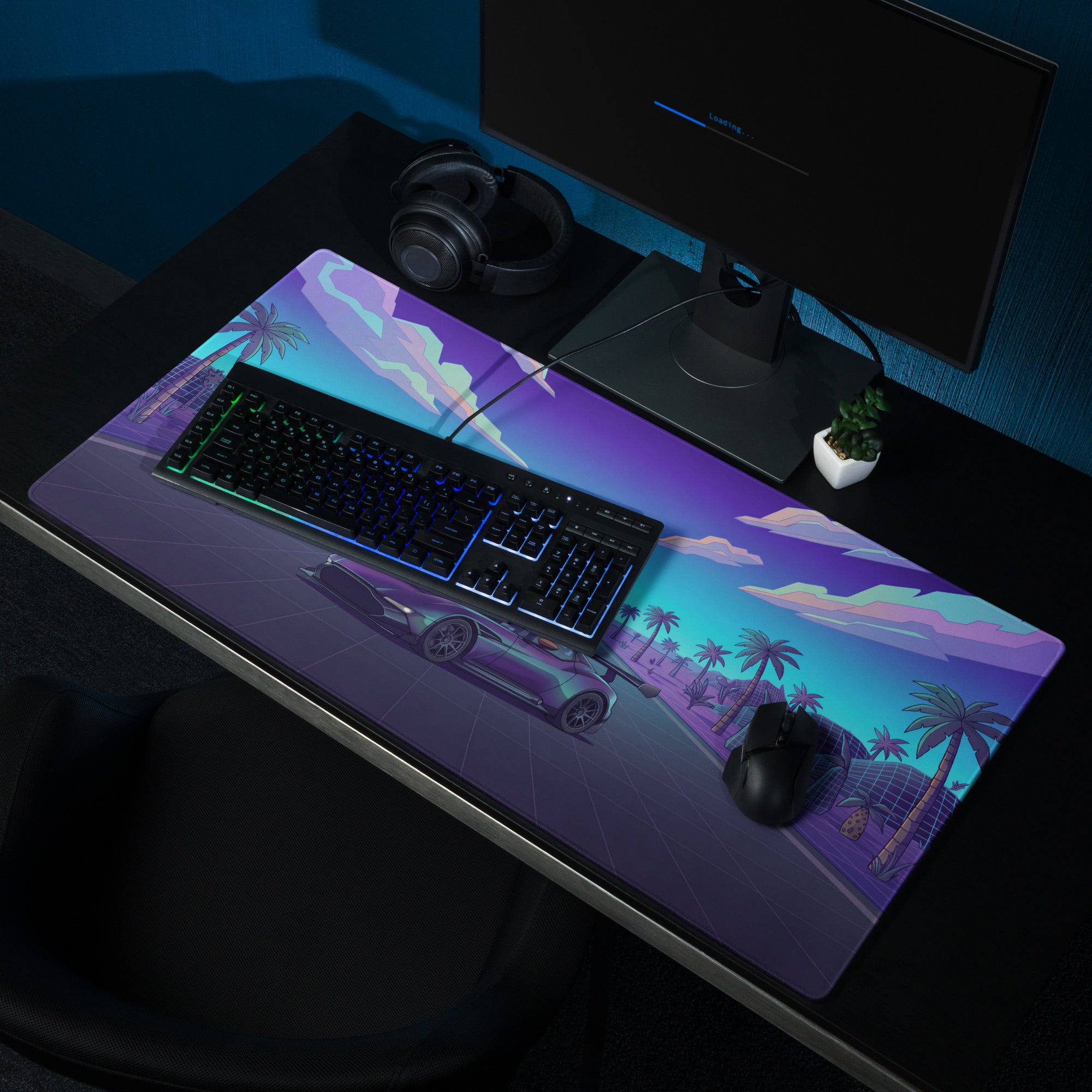 Aston Martin Vulcan Inspired Purple Cyan Vaporwave Gaming Mouse Pad – Neon Desert Highway Desk Mat, Retro Futuristic Hypercar Digital Artwork
