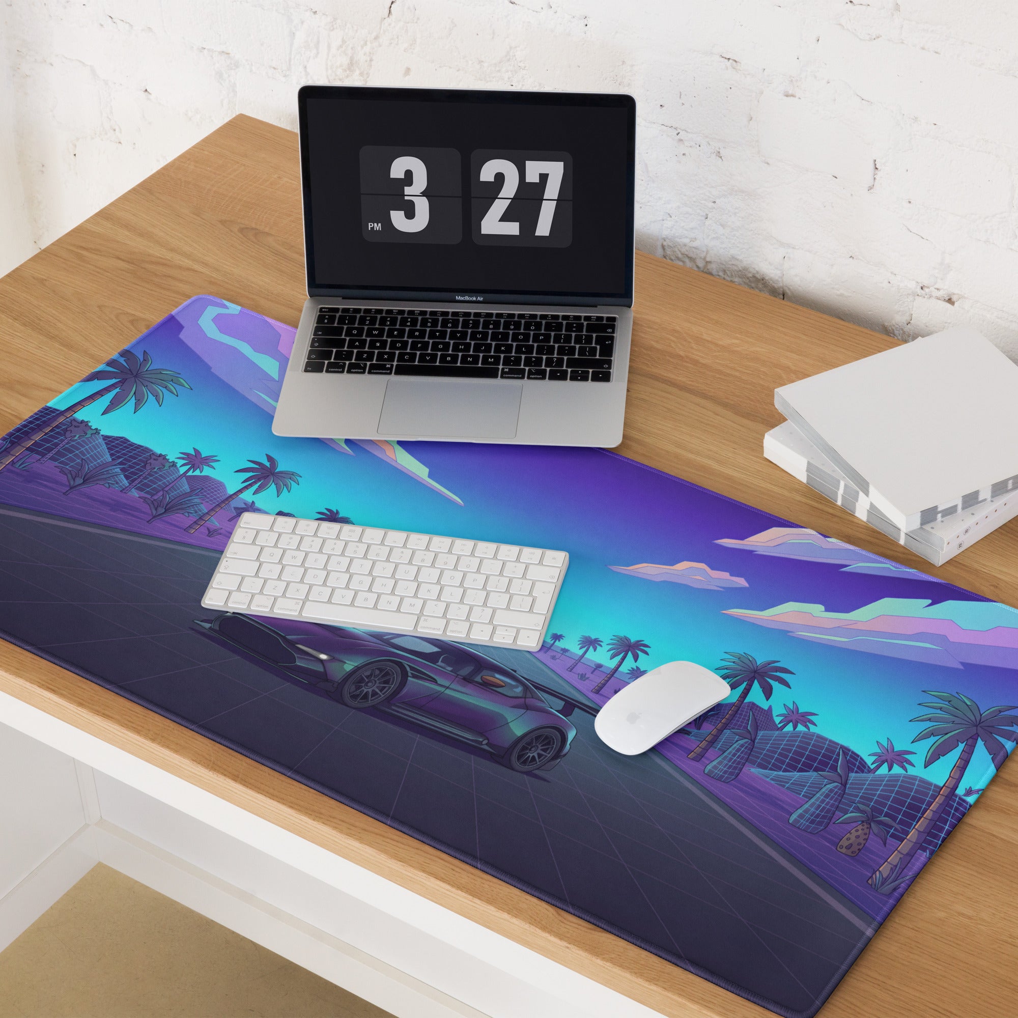 Aston Martin Vulcan Inspired Purple Cyan Vaporwave Gaming Mouse Pad – Neon Desert Highway Desk Mat, Retro Futuristic Hypercar Digital Artwork