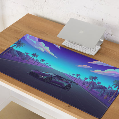 Aston Martin Vulcan Inspired Purple Cyan Vaporwave Gaming Mouse Pad – Neon Desert Highway Desk Mat, Retro Futuristic Hypercar Digital Artwork