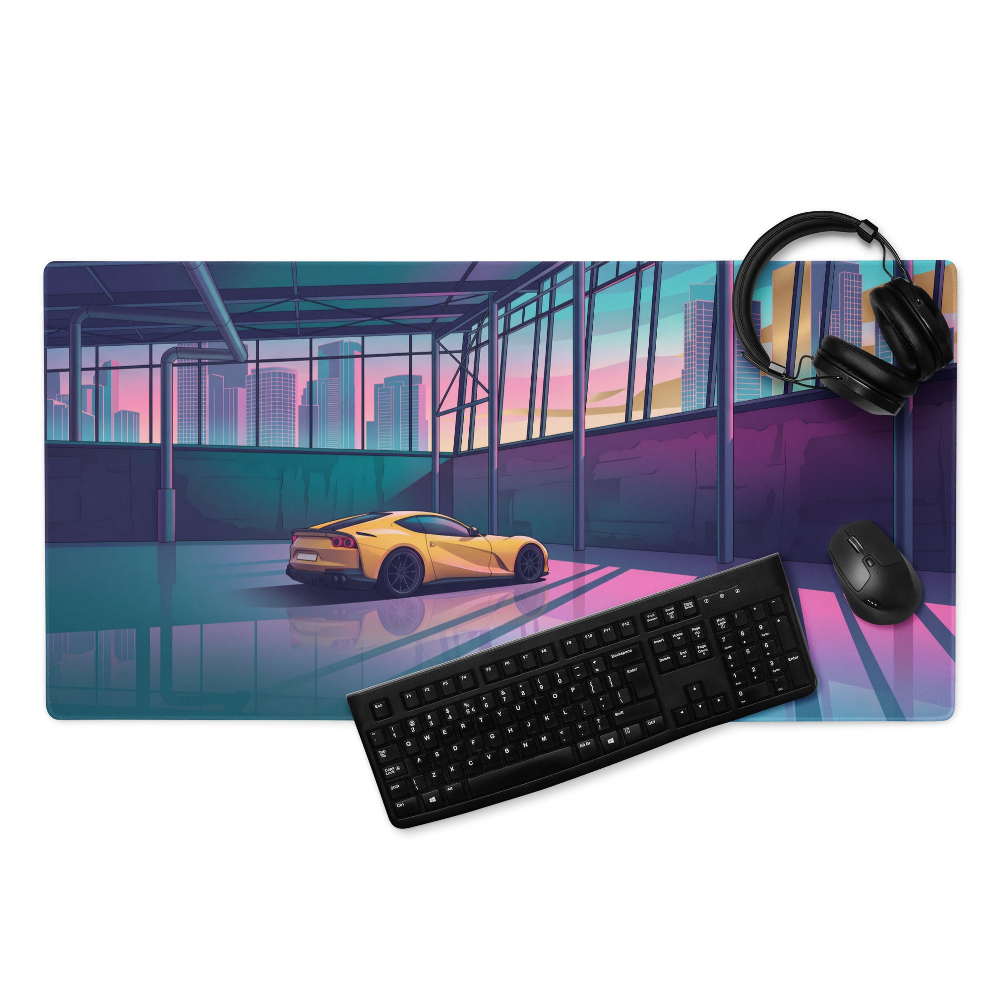 Ferrari 812 Superfast Inspired Yellow Pink Vaporwave Gaming Mouse Pad – Neon City Garage Desk Mat, Retro Futuristic Supercar Digital Artwork