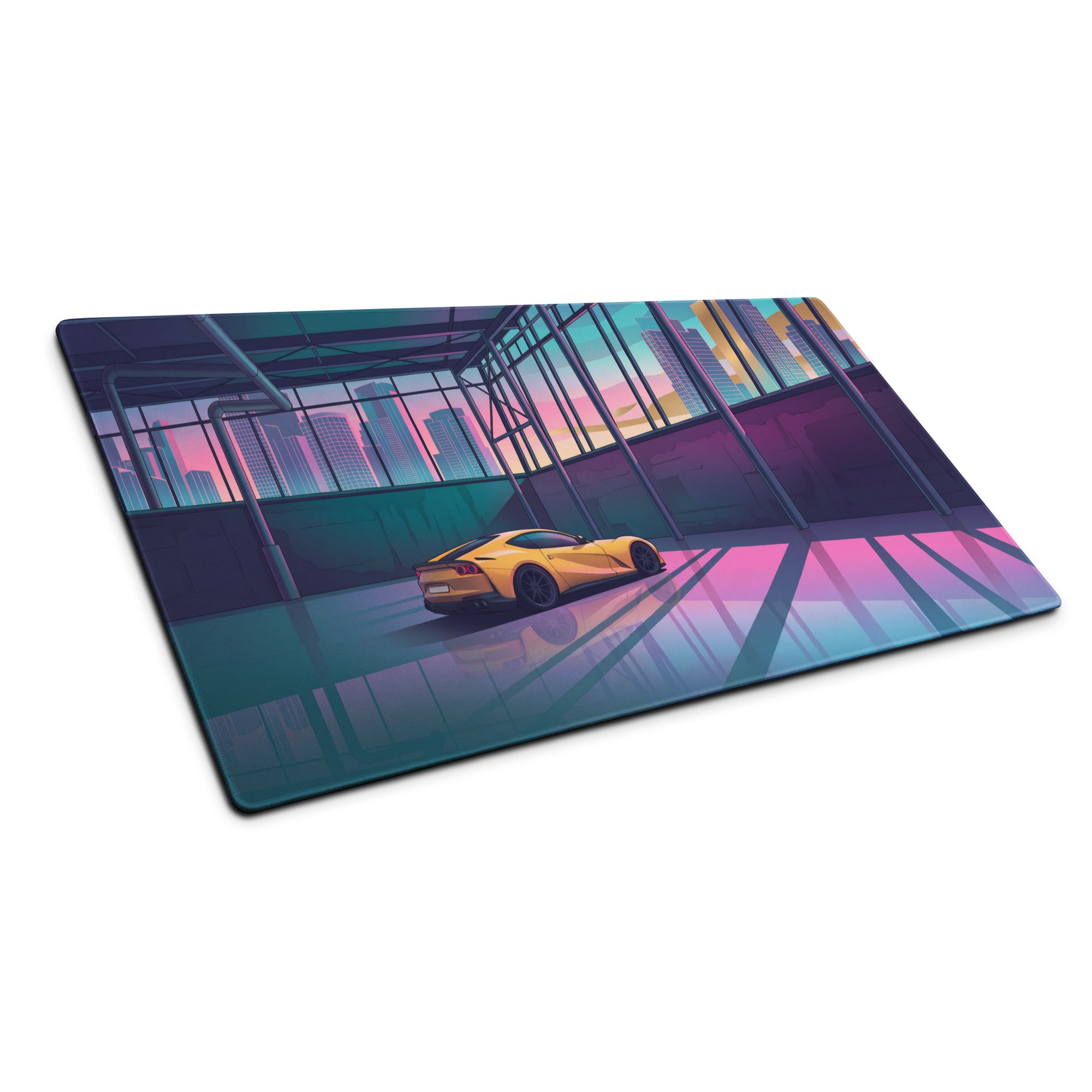 Ferrari 812 Superfast Inspired Yellow Pink Vaporwave Gaming Mouse Pad – Neon City Garage Desk Mat, Retro Futuristic Supercar Digital Artwork