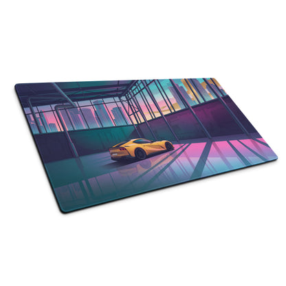 Ferrari 812 Superfast Inspired Yellow Pink Vaporwave Gaming Mouse Pad – Neon City Garage Desk Mat, Retro Futuristic Supercar Digital Artwork