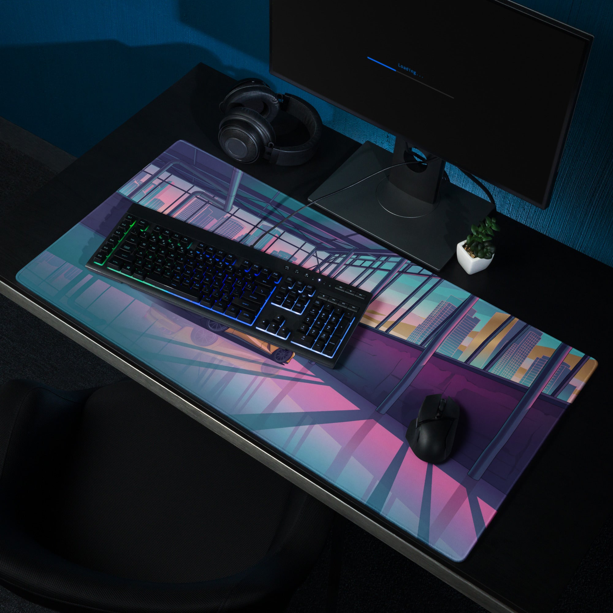 Ferrari 812 Superfast Inspired Yellow Pink Vaporwave Gaming Mouse Pad – Neon City Garage Desk Mat, Retro Futuristic Supercar Digital Artwork