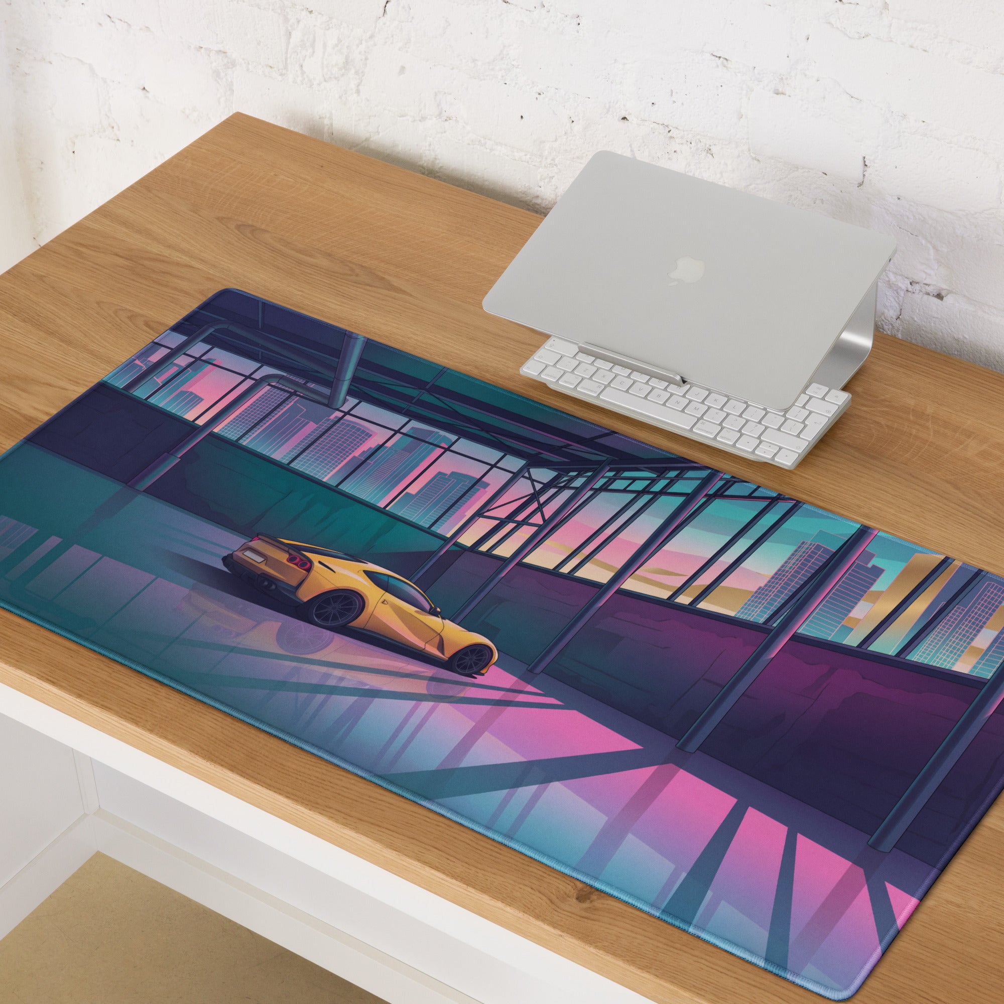Ferrari 812 Superfast Inspired Yellow Pink Vaporwave Gaming Mouse Pad – Neon City Garage Desk Mat, Retro Futuristic Supercar Digital Artwork