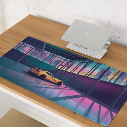 Ferrari 812 Superfast Inspired Yellow Pink Vaporwave Gaming Mouse Pad – Neon City Garage Desk Mat, Retro Futuristic Supercar Digital Artwork