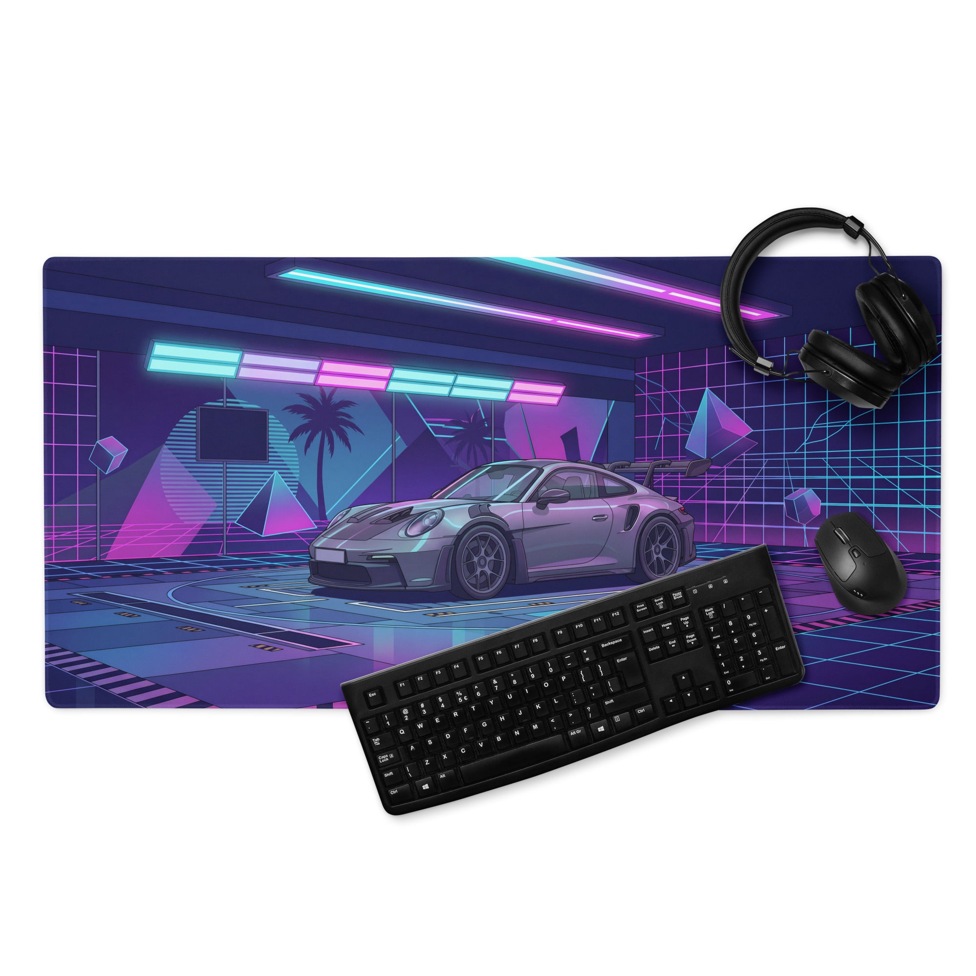 Porsche 911 GT3 RS Inspired Silver Purple Vaporwave Gaming Mouse Pad – Neon Cyber Garage Desk Mat, Retro Futuristic Supercar Digital Artwork