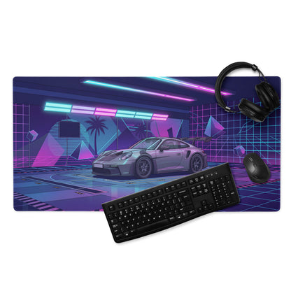 Porsche 911 GT3 RS Inspired Silver Purple Vaporwave Gaming Mouse Pad – Neon Cyber Garage Desk Mat, Retro Futuristic Supercar Digital Artwork