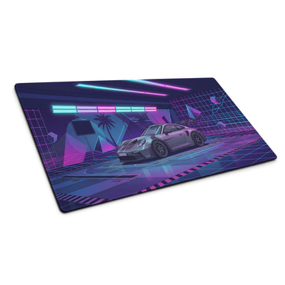 Porsche 911 GT3 RS Inspired Silver Purple Vaporwave Gaming Mouse Pad – Neon Cyber Garage Desk Mat, Retro Futuristic Supercar Digital Artwork