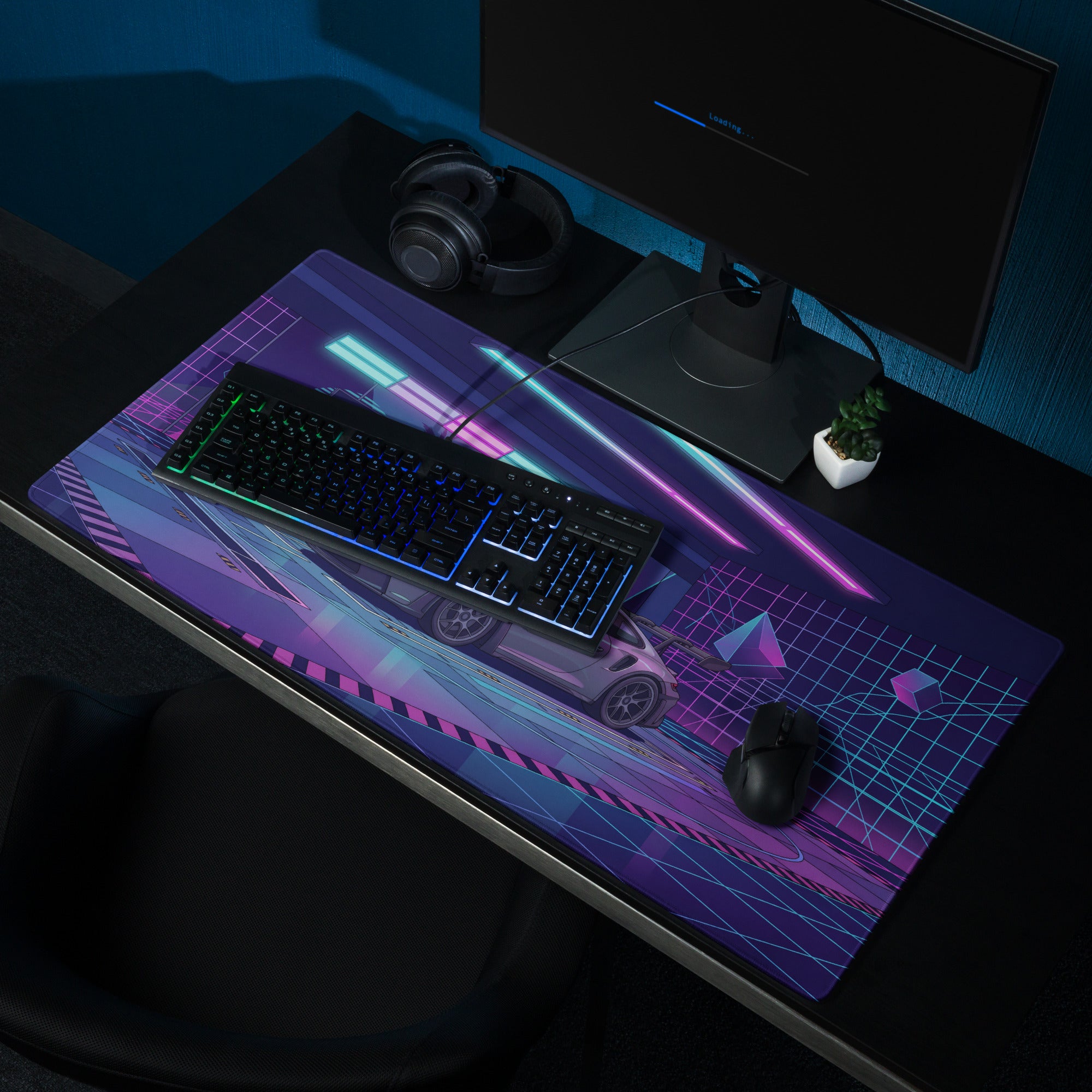 Porsche 911 GT3 RS Inspired Silver Purple Vaporwave Gaming Mouse Pad – Neon Cyber Garage Desk Mat, Retro Futuristic Supercar Digital Artwork