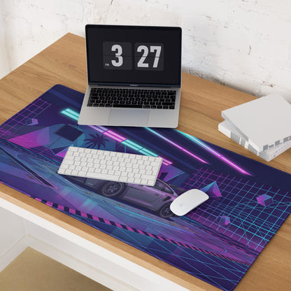 Porsche 911 GT3 RS Inspired Silver Purple Vaporwave Gaming Mouse Pad – Neon Cyber Garage Desk Mat, Retro Futuristic Supercar Digital Artwork