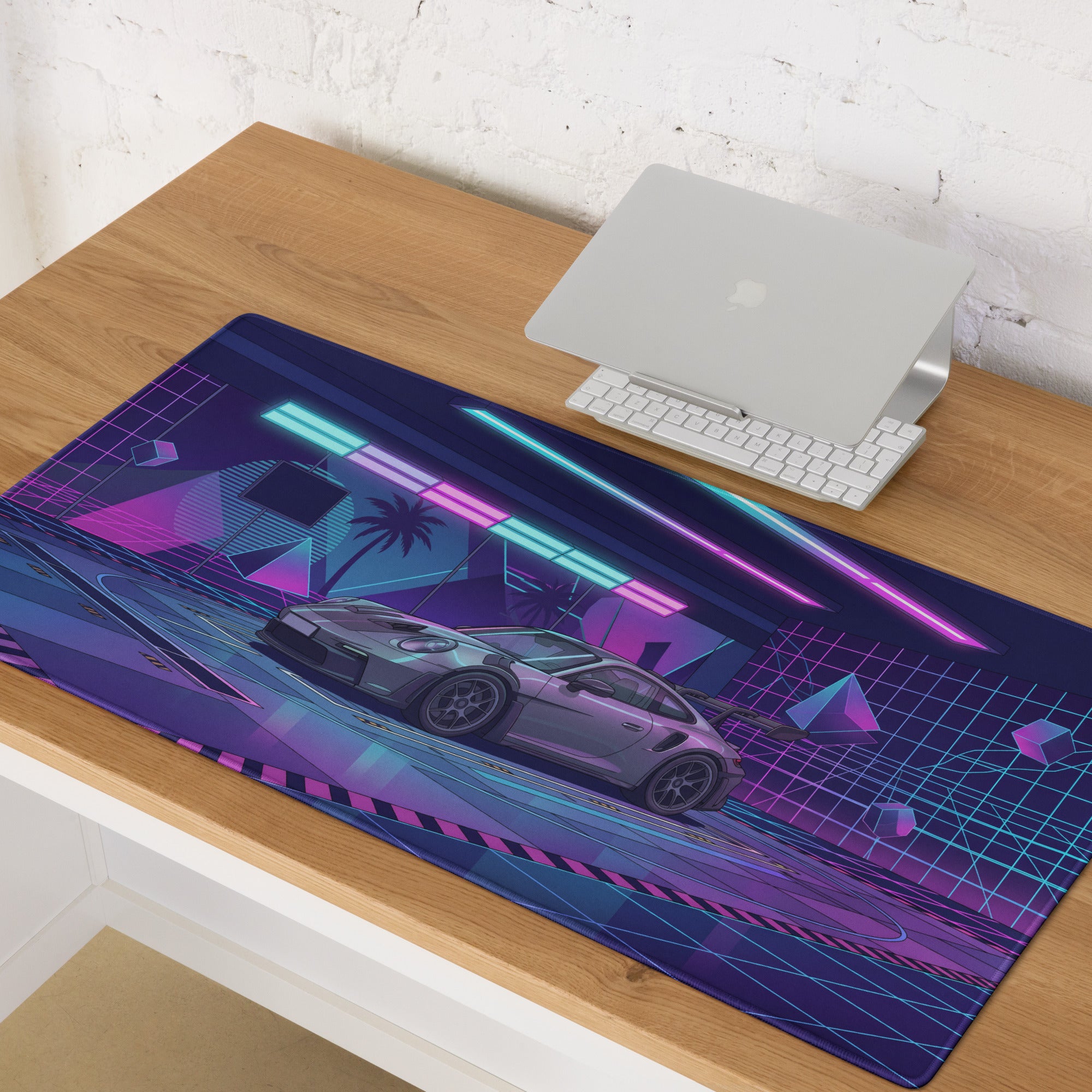 Porsche 911 GT3 RS Inspired Silver Purple Vaporwave Gaming Mouse Pad – Neon Cyber Garage Desk Mat, Retro Futuristic Supercar Digital Artwork