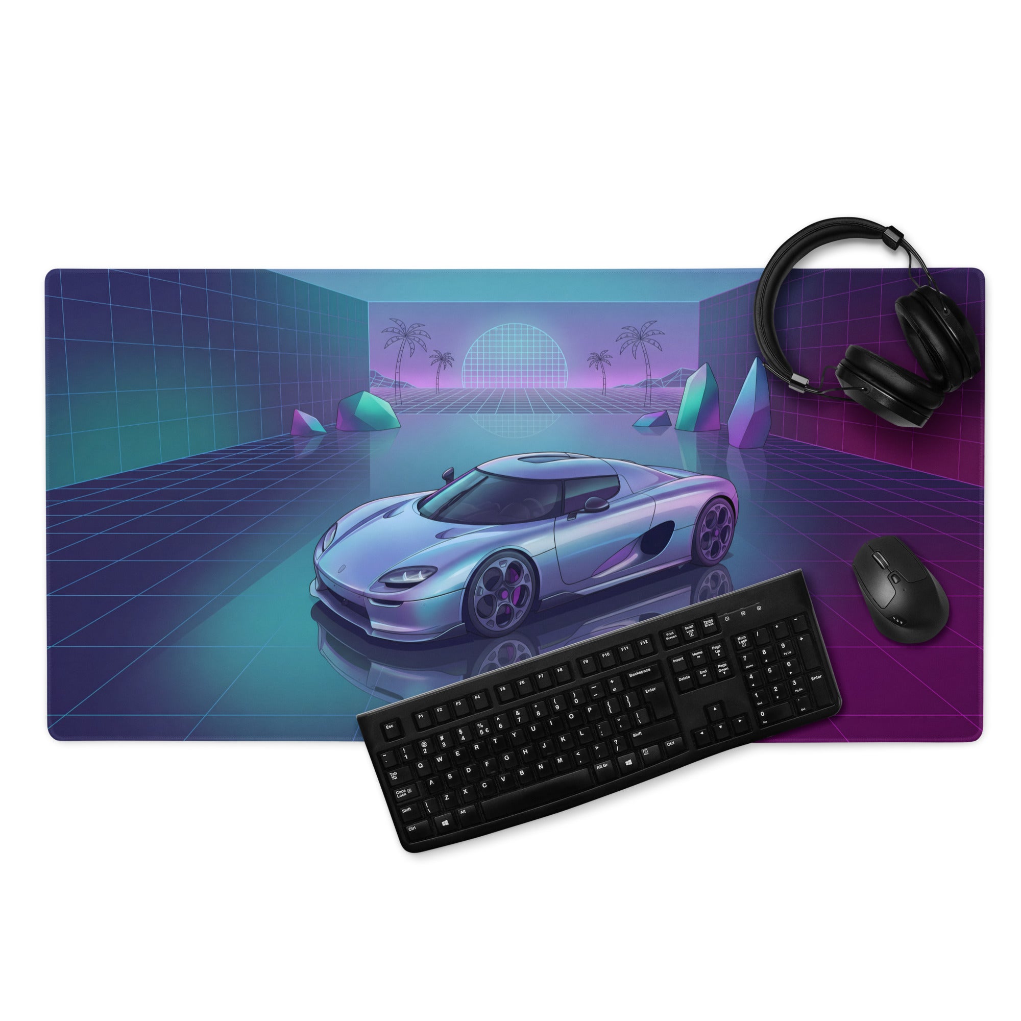 Koenigsegg CCX Inspired Silver Cyan Vaporwave Gaming Mouse Pad – Neon Reflective Grid Desk Mat, Retro Futuristic Hypercar Digital Artwork