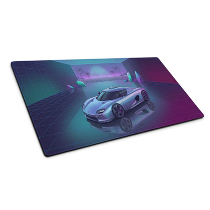 Koenigsegg CCX Inspired Silver Cyan Vaporwave Gaming Mouse Pad – Neon Reflective Grid Desk Mat, Retro Futuristic Hypercar Digital Artwork