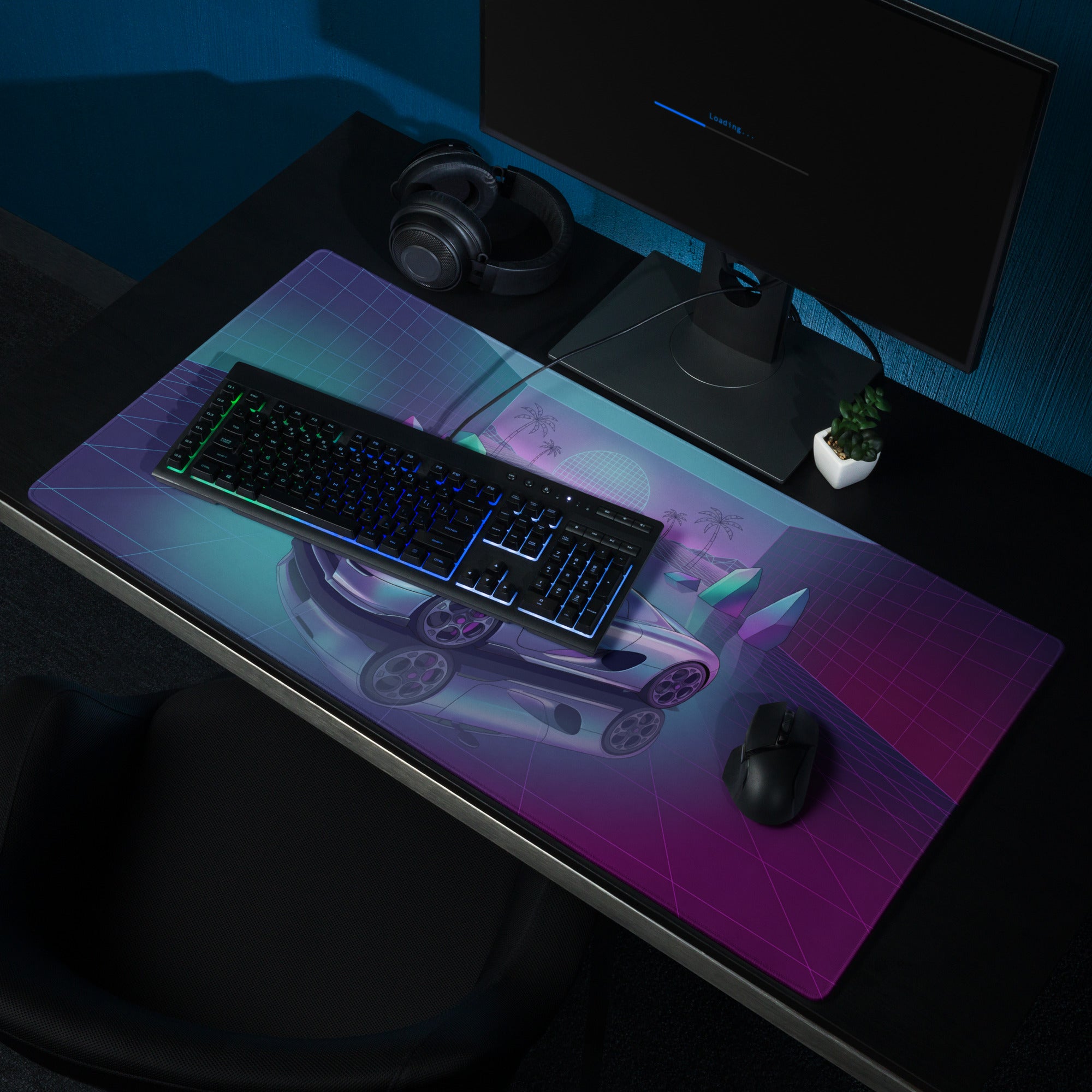 Koenigsegg CCX Inspired Silver Cyan Vaporwave Gaming Mouse Pad – Neon Reflective Grid Desk Mat, Retro Futuristic Hypercar Digital Artwork