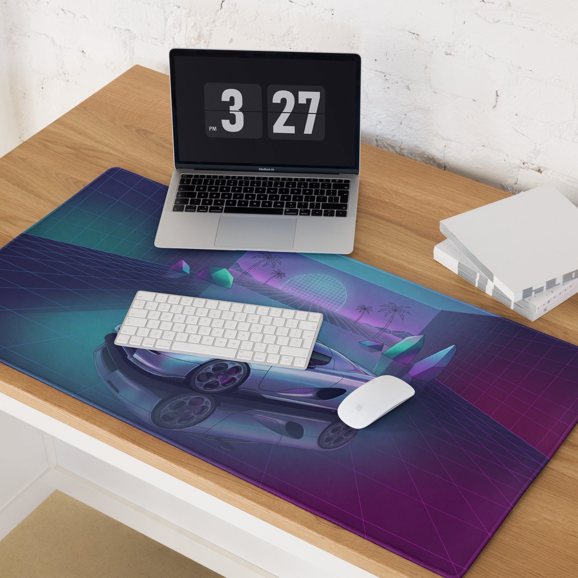 Koenigsegg CCX Inspired Silver Cyan Vaporwave Gaming Mouse Pad – Neon Reflective Grid Desk Mat, Retro Futuristic Hypercar Digital Artwork