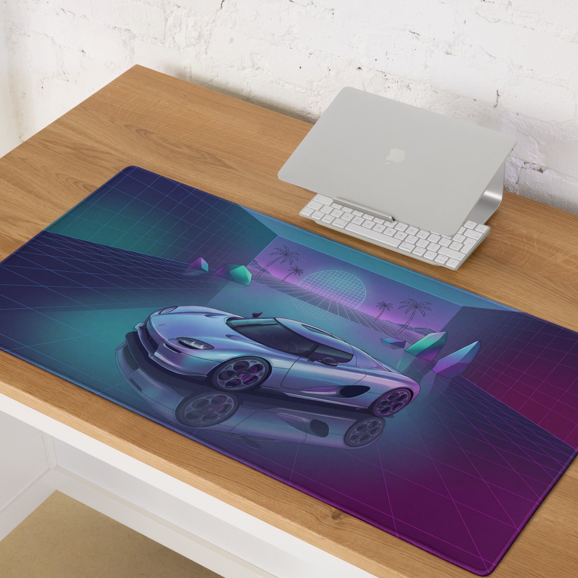 Koenigsegg CCX Inspired Silver Cyan Vaporwave Gaming Mouse Pad – Neon Reflective Grid Desk Mat, Retro Futuristic Hypercar Digital Artwork