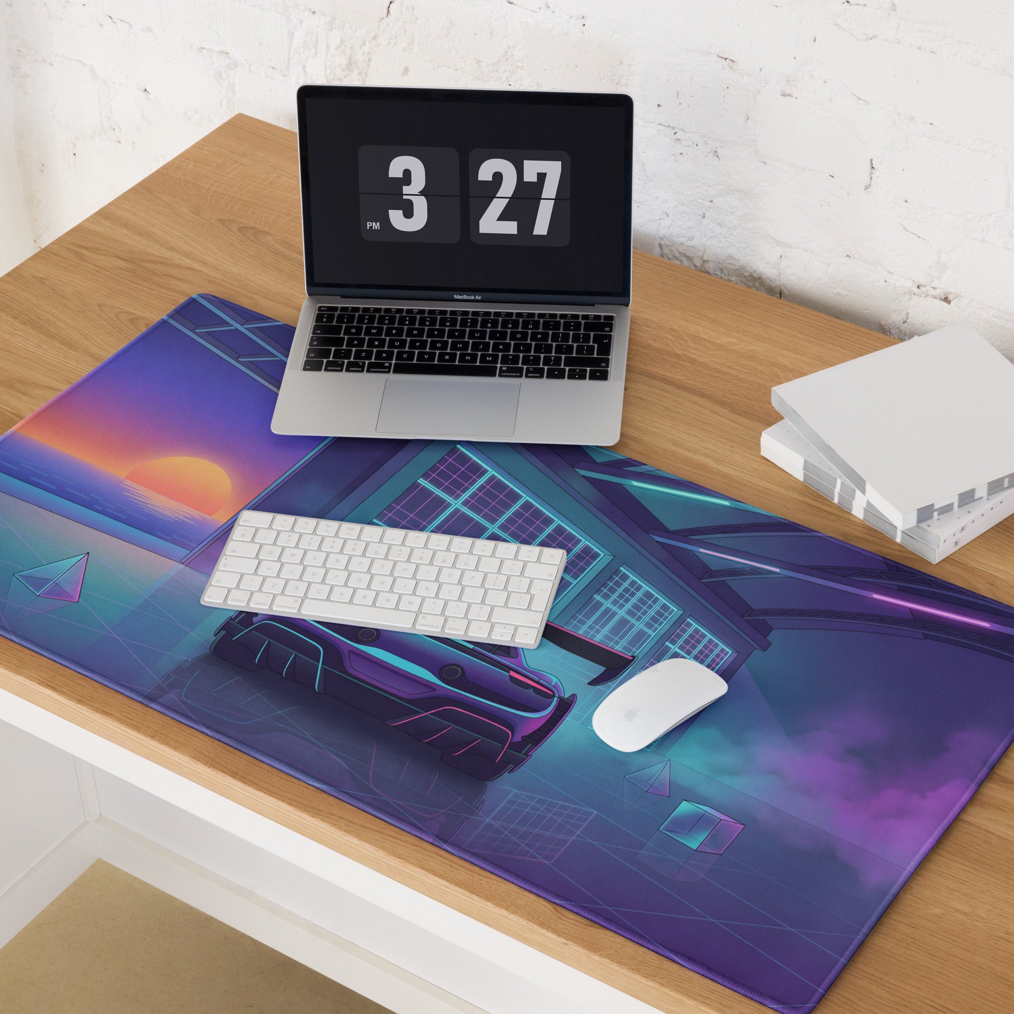 Ferrari SF90 XX Stradale Inspired Purple Cyan Vaporwave Gaming Mouse Pad – Neon Sunset Garage Desk Mat, Retro Futuristic Race Car Digital Artwork