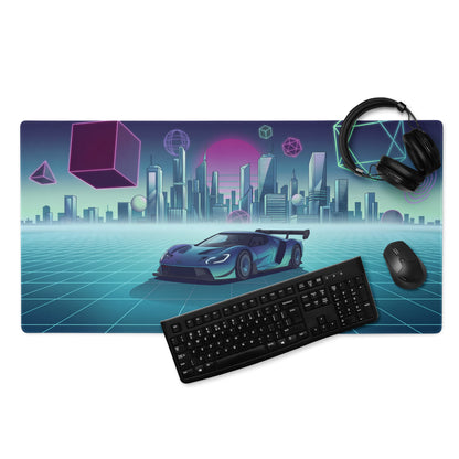 Ford GT Mk IV Inspired Blue Cyan Vaporwave Gaming Mouse Pad – Neon Futuristic City Grid Desk Mat, Retro Synthwave Race Car Digital Artwork