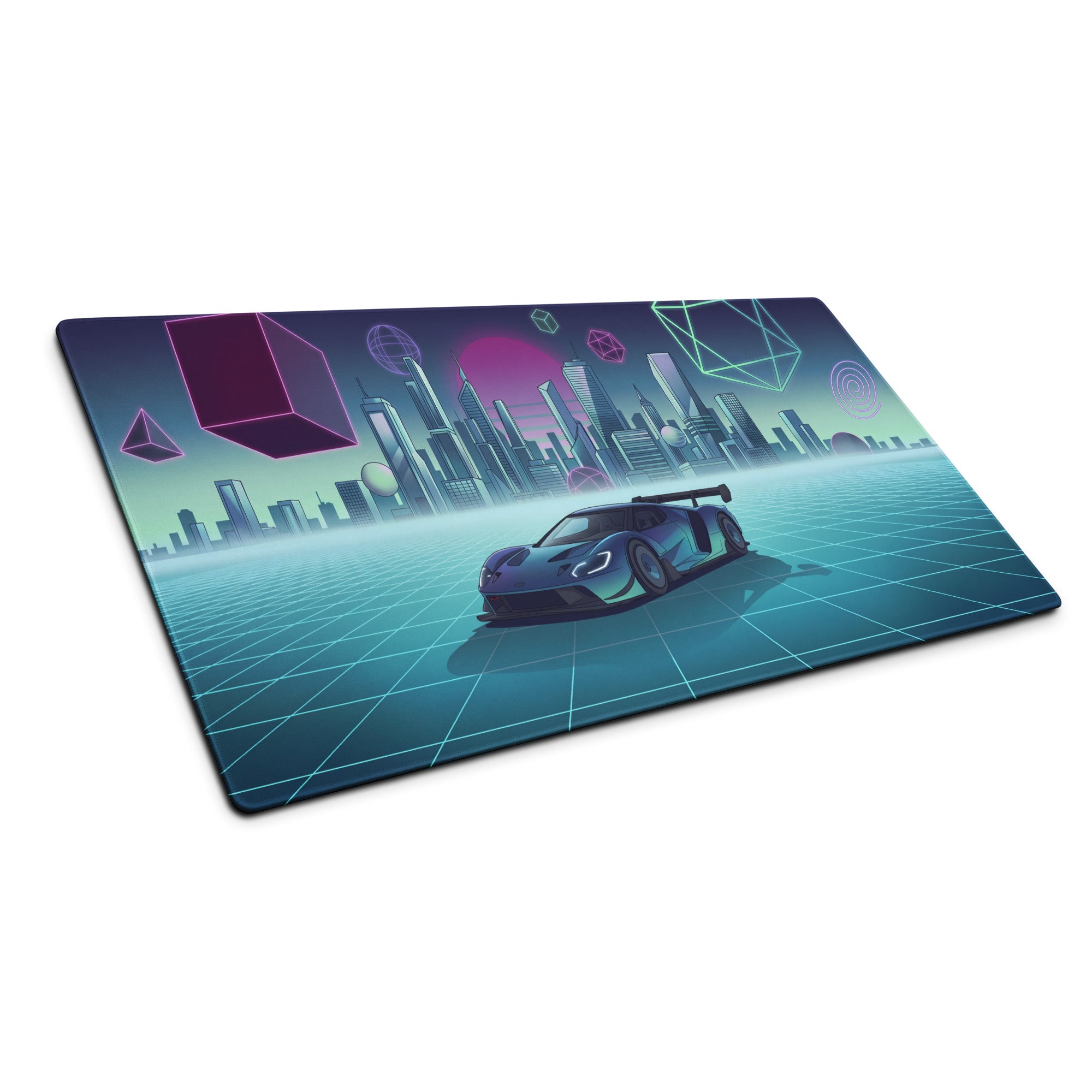 Ford GT Mk IV Inspired Blue Cyan Vaporwave Gaming Mouse Pad – Neon Futuristic City Grid Desk Mat, Retro Synthwave Race Car Digital Artwork