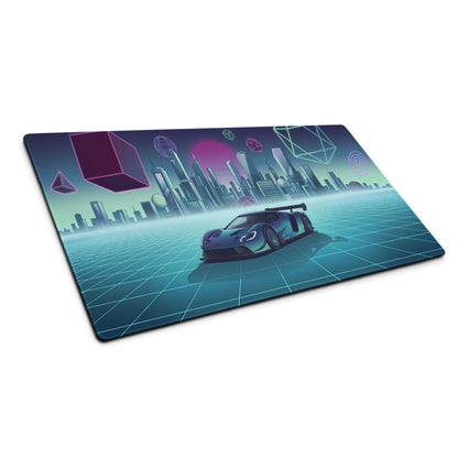 Ford GT Mk IV Inspired Blue Cyan Vaporwave Gaming Mouse Pad – Neon Futuristic City Grid Desk Mat, Retro Synthwave Race Car Digital Artwork