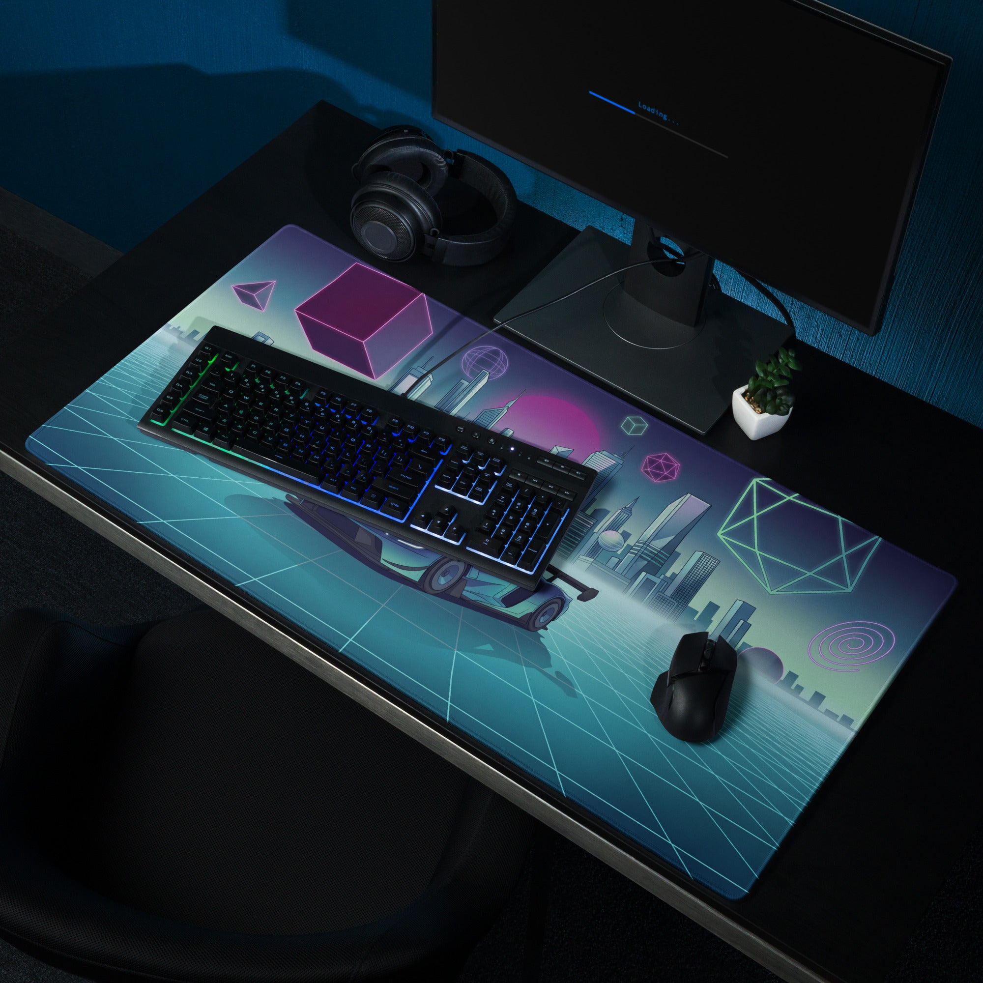 Ford GT Mk IV Inspired Blue Cyan Vaporwave Gaming Mouse Pad – Neon Futuristic City Grid Desk Mat, Retro Synthwave Race Car Digital Artwork