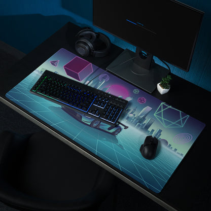 Ford GT Mk IV Inspired Blue Cyan Vaporwave Gaming Mouse Pad – Neon Futuristic City Grid Desk Mat, Retro Synthwave Race Car Digital Artwork