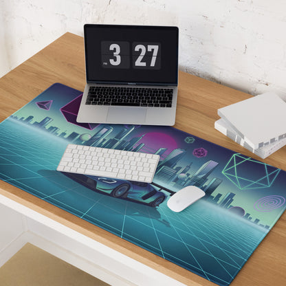 Ford GT Mk IV Inspired Blue Cyan Vaporwave Gaming Mouse Pad – Neon Futuristic City Grid Desk Mat, Retro Synthwave Race Car Digital Artwork
