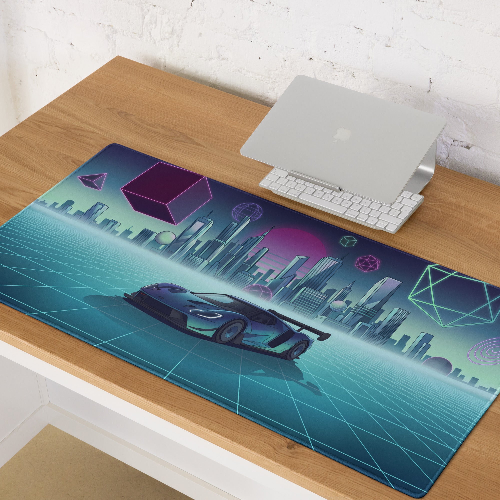 Ford GT Mk IV Inspired Blue Cyan Vaporwave Gaming Mouse Pad – Neon Futuristic City Grid Desk Mat, Retro Synthwave Race Car Digital Artwork