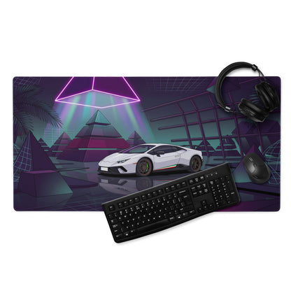 Lamborghini Huracán Performante Inspired White Purple Vaporwave Gaming Mouse Pad – Neon Pyramid Garage Desk Mat, Retro Futuristic Supercar Digital Art