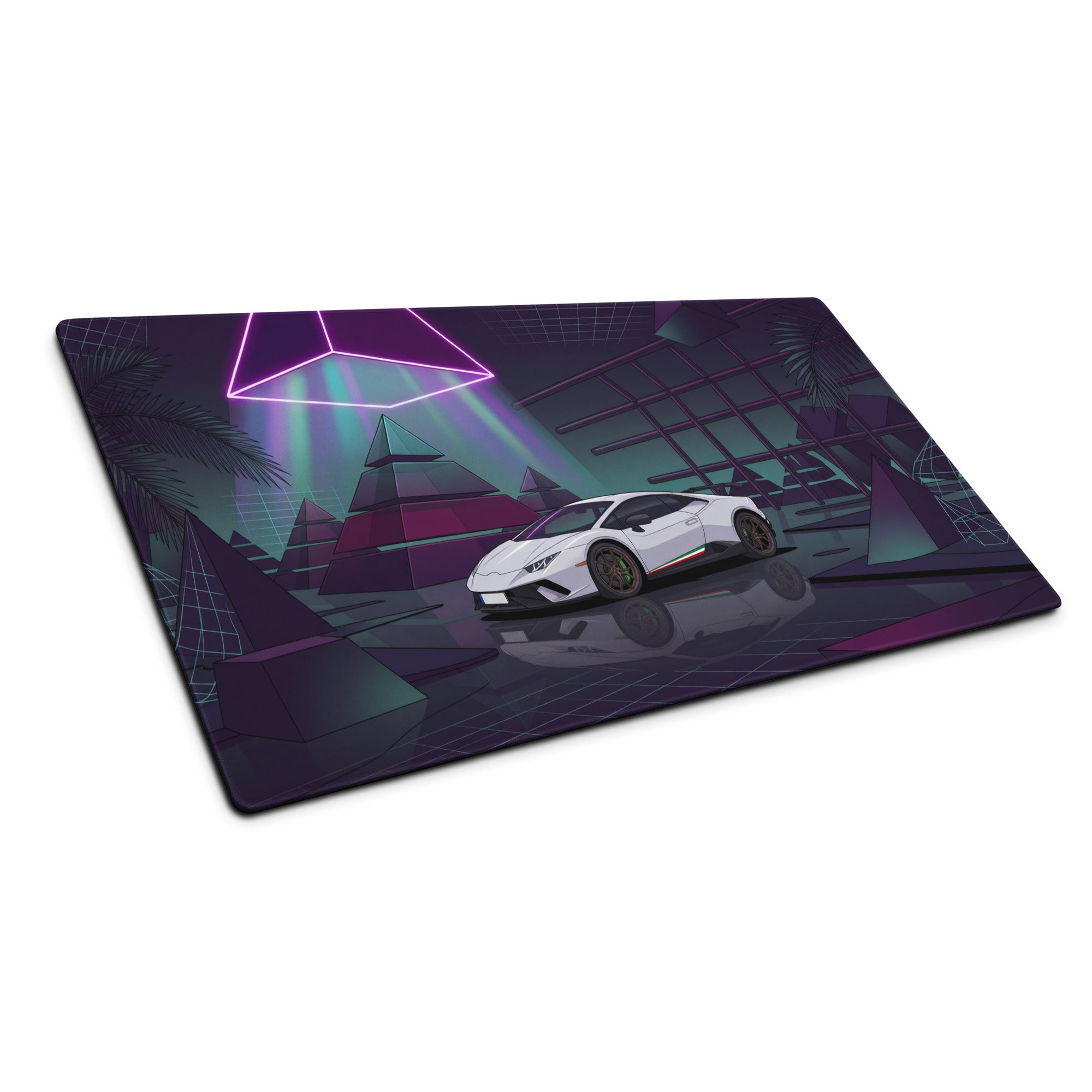 Lamborghini Huracán Performante Inspired White Purple Vaporwave Gaming Mouse Pad – Neon Pyramid Garage Desk Mat, Retro Futuristic Supercar Digital Art