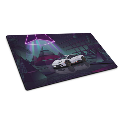Lamborghini Huracán Performante Inspired White Purple Vaporwave Gaming Mouse Pad – Neon Pyramid Garage Desk Mat, Retro Futuristic Supercar Digital Art
