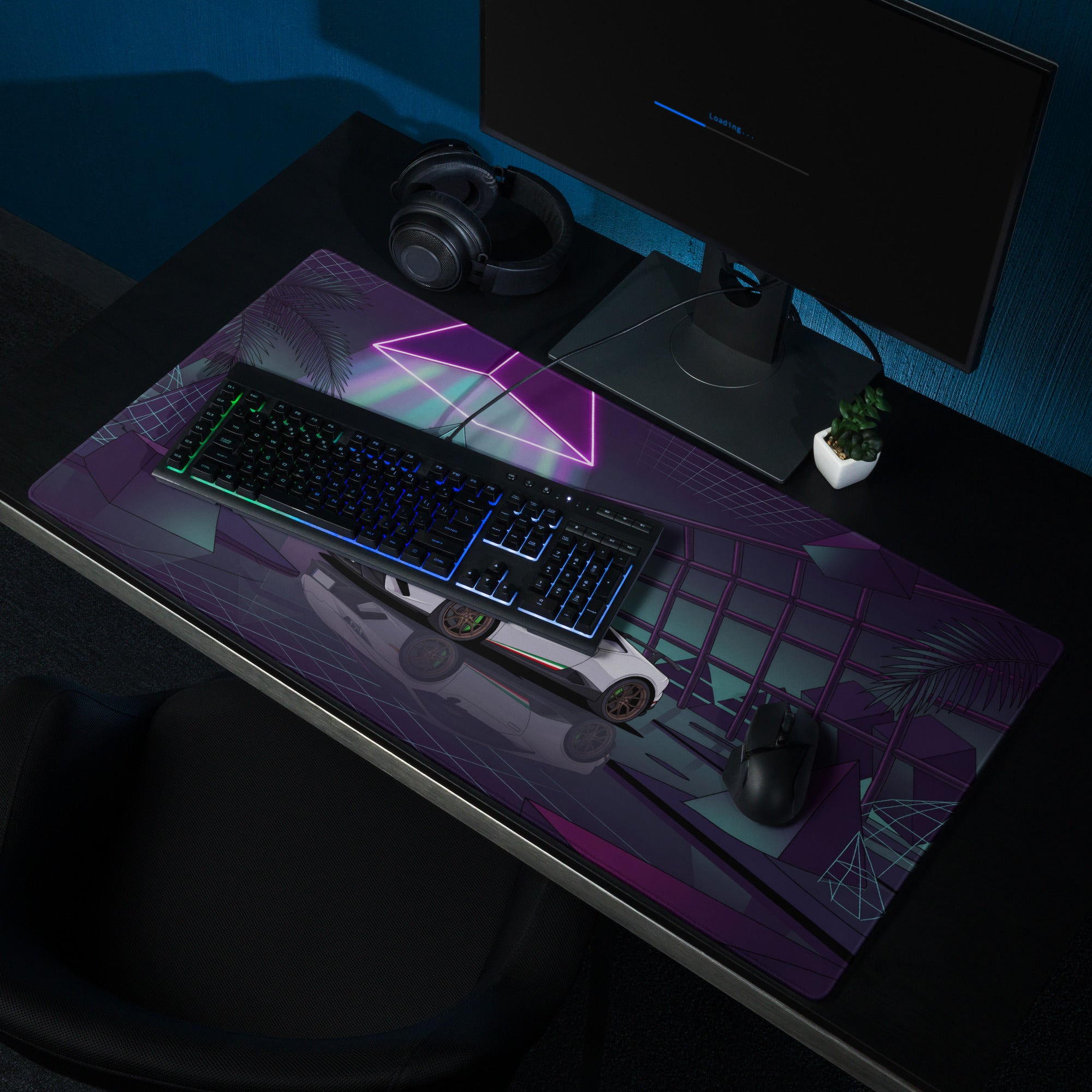 Lamborghini Huracán Performante Inspired White Purple Vaporwave Gaming Mouse Pad – Neon Pyramid Garage Desk Mat, Retro Futuristic Supercar Digital Art