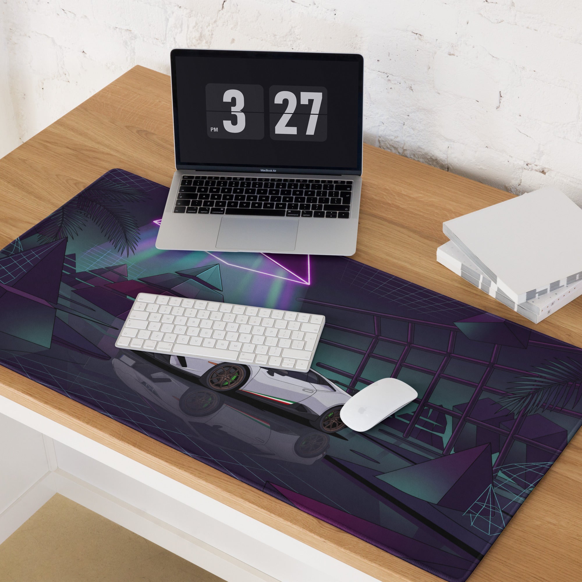 Lamborghini Huracán Performante Inspired White Purple Vaporwave Gaming Mouse Pad – Neon Pyramid Garage Desk Mat, Retro Futuristic Supercar Digital Art