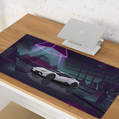 Lamborghini Huracán Performante Inspired White Purple Vaporwave Gaming Mouse Pad – Neon Pyramid Garage Desk Mat, Retro Futuristic Supercar Digital Art