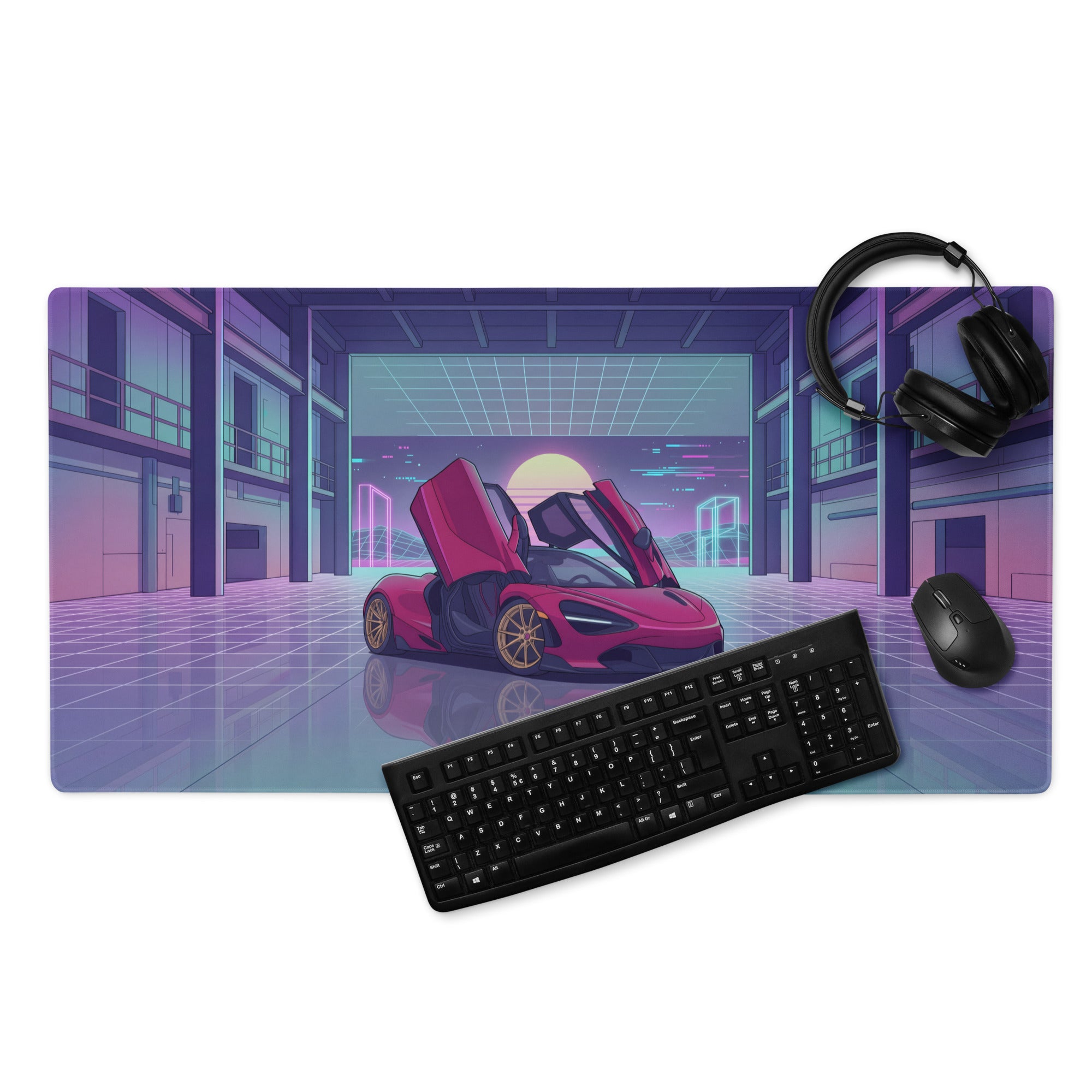 McLaren 720S Inspired Red Purple Vaporwave Gaming Mouse Pad – Neon Sunset Garage Desk Mat, Retro Futuristic Supercar Digital Artwork