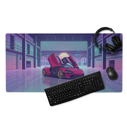 McLaren 720S Inspired Red Purple Vaporwave Gaming Mouse Pad – Neon Sunset Garage Desk Mat, Retro Futuristic Supercar Digital Artwork